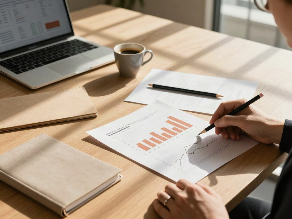 Printed business performance charts, a notebook and a laptop prepared for a strategy review