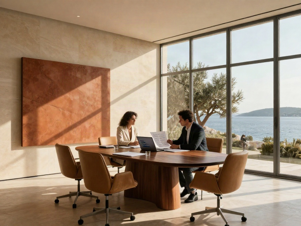 Consultants reviewing a business report in a warm, sunlit coastal meeting room